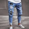 Jeans masculinos homens elástico rasgado motociclista magro bordado impressão destruído buraco gravado slim fit denim riscado de alta qualidade jean