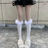 Women Socks Winter Harajuku Furry Trim Warm Long Calf Japanese Style Cute Fluffy Student Medium Tube Knee High Stockings