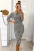 Casual Dresses Women Round Neck Three Quarter Black White Striped Elegant Sheath Bodycon Hip Slim Midi 2023 Vestidos