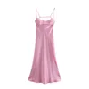 Dress 2022 ZA New Women Hollow Design Silk Satin Texture Midi Suspender Dress Summer Sexy Revealing Back Slit Slim Pink Dress