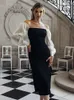 Casual Kleider Damen Mesh Puffärmel Split Midi Schwarz Weiß Quadratischer Kragen Langes Vestidos Mode Elegantes Abendgesellschaftskleid