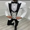 White Blazer Wedding Tuxedo For Men One Button Double Breasted Vest Slim Fit Wedding Suit Prom Dinner Bespoke 3 Pieces Male Bussiness Outfit Set Suit Groom Party Wear