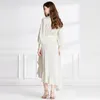 Satin Belted Side Bow Wrap Dress Women Designer långärmad V-ringning Slim White Wedding Asymmetrical Party Ruffle Dress Ballgown 2023 Spring Fall Sweet Vacation Frocks