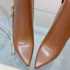 2023 designer Luxury pure color Pointy ankle boots womens 100% leather Printed letter Party Breathable golden metal chain boot lady sexy fashion high-heeled shoes