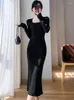 Kvinnors tröjor Autumn Winter Black Sticked Chic Bandage Long Dress Women Elegant Luxury Sweater 2023 Korean BodyCon Thick Warm Pullover