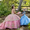 Rosa Ballkleid Quinceanera Kleider Schulterfrei Applikationen Spitze Perlen Tüll Sweet 15 Kleid Lace-up Vestidos De 15