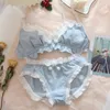 Bras Sets Japanese Girl Underwear Set Cute Cotton Hair Ball Bow Bra Panties Set Wirefree Soft Kawaii Lolita Bra and Panty Set Lingerie 230427