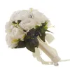 Flores decorativas Meldel Bouquet Bride Wedding Flower Bridesmaid Artificial Silk Rose Branca Fake Pearl Crystal Party Prom Supplies