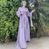 Ethnic Clothing Muslim Fashion Women Islamic Satin Dress Hijab Arabic Pleated Abaya Dubai Balloon Sleeve with Ribbon Eid Mubarak Turkish Dresses 230426