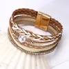 Charm Bracelets Bohemia Imitation Pearls Gold Color Leather Weave Bracelet For Women Multilayer Slim Strips Wrap Fashion Jewelry