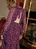 Casual Dresses Backless Lace-Up Ladies Purple Bamboo Leaf Print Dress 2023 Spring Temperament Lady Long Sleeve Elastic Waist Slim Robe