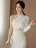 Casual Dresses Korean White Long Evening For Women's Clothes Elegant Chic Sexy One-Shoulder Slim Fit Dress Robe Femme Mujer Vestido