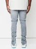 Jeans da uomo con spacco laterale con cerniera Vernice da uomo Slim Fit Pantaloni in denim strappati di cotone Autunno High Street Fashion Abrasione al ginocchio Azzurro