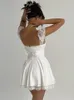 Casual Dresses Mozision Elegant White Lace Strap Mini Dress for Women Fashion Sleeveless Backless Loose Sexy Short Vestido Clubwear 230427