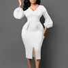 Freizeitkleider 2023 Leichter Luxus Promi-Stil Damen V-Ausschnitt mit Puffärmeln, geteiltes Kleid, Büro, Bleistiftrock, afrikanischer Midi