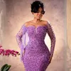 Violet grande taille sirène Aso Ebi robes de bal paillettes robe de soirée formelle deuxième réception robes d'anniversaire robes de fiançailles africaines arabes perlées AM057