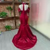 Jeheth Elegant Burgundy Satin Long Mermaid Dresses Big Bow Sleeves Party Gown Strapless Back Lace-Up Formal Women