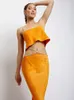 UBIENIA VC Crop Top Kuitu Kobieta Seksowna łańcuch Crystal Design Orange Silky Satin Dwuczęściowy zestaw