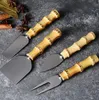 4Pcs/Set Stainless Steel Bamboo Root Wood Fruit Fork Toast Pizza Cutter Cake Cream Butter Spreader Mini Cheese Knife