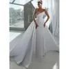 Afrikansk arabisk blygsam långärmad juvelhalsbröllopsklänningar pärlor satin ruched illusion brudklänningar vestido de novia