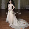 Vestido de baile champanhe glamouroso com flores coloridas, gola redonda, sem mangas, vestido de noite de tule, trem longo, noivado, recepção, vestidos de festa, 2024, vestidos formais para mulheres