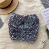 Kvinnors tankar sexig glitter paljett ihålig stropplös rör topp chic sammet veckad skörd koreanska kvinnor camis korsett bustier