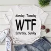 Camiseta feminina engraçada segunda-feira terça-feira wtf sábado domingo estampa camiseta verão casual camisa gráfica feminina masculina manga curta gola redonda