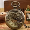 Zegarki kieszonkowe Brązowe Dragon Display Half Hunter Mechanical Watch Cool Antique Wisel Manual Mechanizm Zegar Prezent Mężczyzna 230426