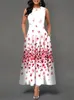 Casual jurken Zomer vrouwen zonnebloem afdrukken Sundress mouwloze holle out o nek slanke mode grote zoom zwart long vestidos 230427