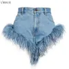 Femmes Shorts plume Patchwork Denim femmes été Sexy haute rue piste Jean femme gland ourlet irrégulier Jean court 230426