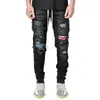 Men's Jeans Fashion Casual Men's Street Hip Hop Travel Sports Plaid Denim Ripped Patch Pencil Pants Slim Stretch Belt Trousers