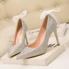 Dress Shoes Luxury Full Crystal Shallow Pointed Toe Pumps Sexy Lace Bow-tied Slip On Princess High Heels Brand Shine Stilettos Ladies