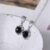 Dingle örhängen FNJ runda 925 Silver Pure Original S925 Sterling Drop Earring for Women Jewelry Natural Black Agate