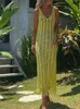 Women's Swimwear Summer Beach Clothes 2023 Fringe Tassel Knitted Cover Up Coverups Wear Sexy Vestidos Hollow Out Robe Long Dress Slit 230426