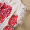 2023 Summer Floral Print Panel Feather Chiffon Dress Sleeveless Stand Collar Sequins Long Maxi Casual Dresses S3A240420