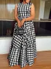 Sukienki swobodne 2023 Vonda Bohemian Summer Sundress Women Sexy O-Neck Sleveless Plaid Printed Maxi Long Dress Loose Party Beach Vestido