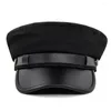 Visors Unisexe Pu Leather Military Hat Sailor d'automne pour femmes hommes noirs Femme étudiant de voyage Captain Army Top plat