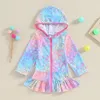 Robes de fille pour tout-petits, robe de bain courte, manches longues, fermeture éclair, capuche, serviette de bain, vêtements de plage, mignon, peignoir en éponge, maillots de bain