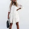 Casual Dresses Women Elegant Lace Brodery Party Dress Fashion Long Sleeve Ruffle Midi Ladies White Evening Solid Sheer Mesh Vestidos