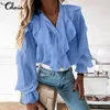 블라우스 여성 흰 블라우스 셀미아 2022 패션 우아한 주름 장식 탑 섹시 v 넥 목 롱 슬리브 셔츠 여성 캐주얼 버튼 스트리트웨어 blusas