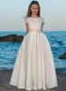 Meisje jurken witte satijnen booggordel bloem a-line vloer lengte korte mouw meisjes eerste communie party prom