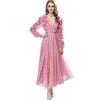 Women's Runway Dresses Sexy V Neck Long Sleeves Ruffles Printed Ruched Fashion Designer Party Prom Gown