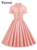 Dresses Tonval Pink Solid Cotton Long Robe Button Up Plain Vintage Elegant Women Short Sleeve Belted Pleated Midi Swing Dresses