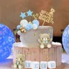 Inne imprezy imprezowe zapasy baby shower ciasto topper boy bohater ciasto toppers mini niedźwiedź dekoracje ciasta złotą białą perłową piłkę dla chłopca baby shower urodzin 231127