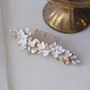 Ceramic Floral Bridal Comb Wedding Hair Piece Gold Color Alloy Leaf Women Headpiece Handmade Accessories