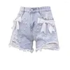 Damen-Shorts, schwere Arbeit, Damen, Perlen, Denim, Damen, 2023, Sommer, koreanische, hoch taillierte 3D-Blumen-Shorts, Jeans, ausgefranste, lässige Streetpants