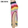 Vestidos Cmyaya Women Rainbow Knit Cantbed Rayado Side High Splite Irregular Midi Maxi Falda larga Party Fieldcon Faldas de cintura alta