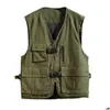 Men'S Vests Mens Men Sleeveless Cargo Vest Jacket V-Neck Solid Color Mti Pockets Zipper Placket Buckle Closure Coat Hiking Clothing Otcgq