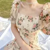 Party Dresses 2023 Summer French Elegant Vintage Dress Office Lady Short Sleeve Beach Style Floral Midi Women Chic One Piece Korea