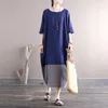 Klänningar Johnature Women Vintage Cotton Linen Dresses Oneck Half Sleeve Robes 2021 Summer Patchwork Color Chinese Style Blue Dresses